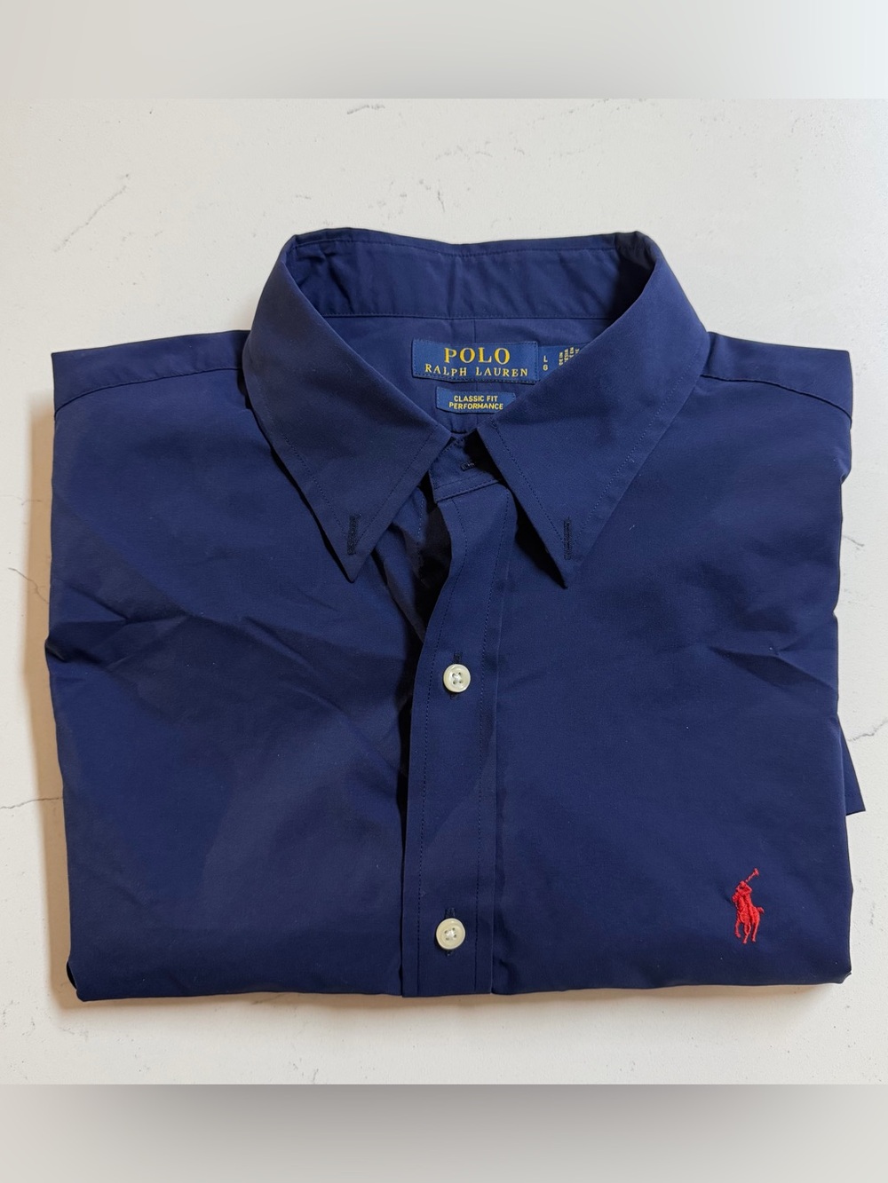Polo by Ralph Lauren Navy Button-Down Dress Shirt with Red Logo